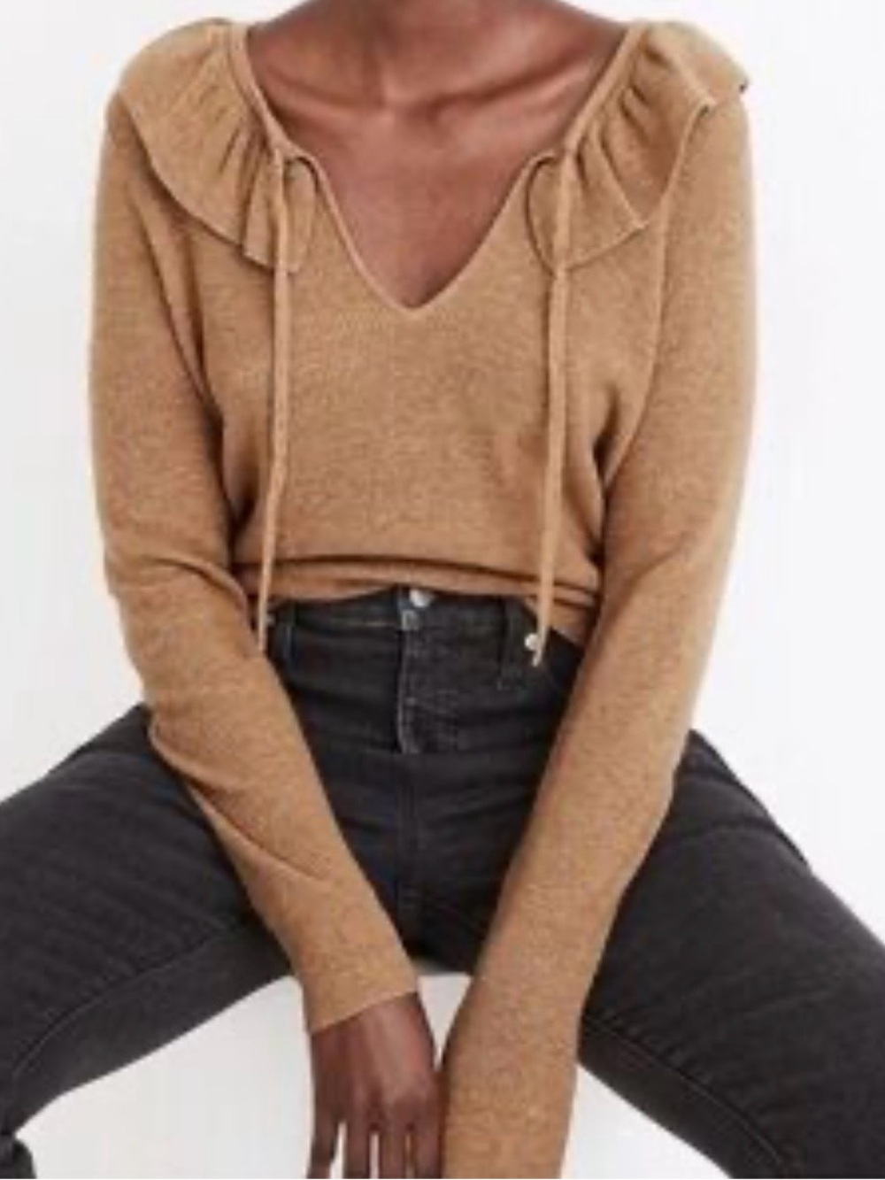 Madewell Ruffle Collar Tie Neck Sweater Merino Wool Alpaca Blend Camel Women XS